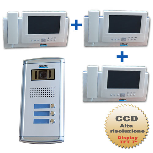 Videocitofono trifamiliare + tre monitor con cornetta 7 pollici